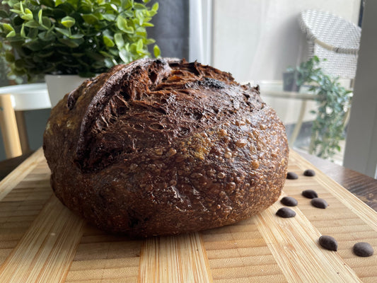 Double chocolate sourdough bread loaf with rich crumb